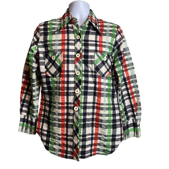 VTG 70’s Koret Of California Koratron Women’s Plaid Button Up Shirt Est. Size XL - Picture 1 of 12